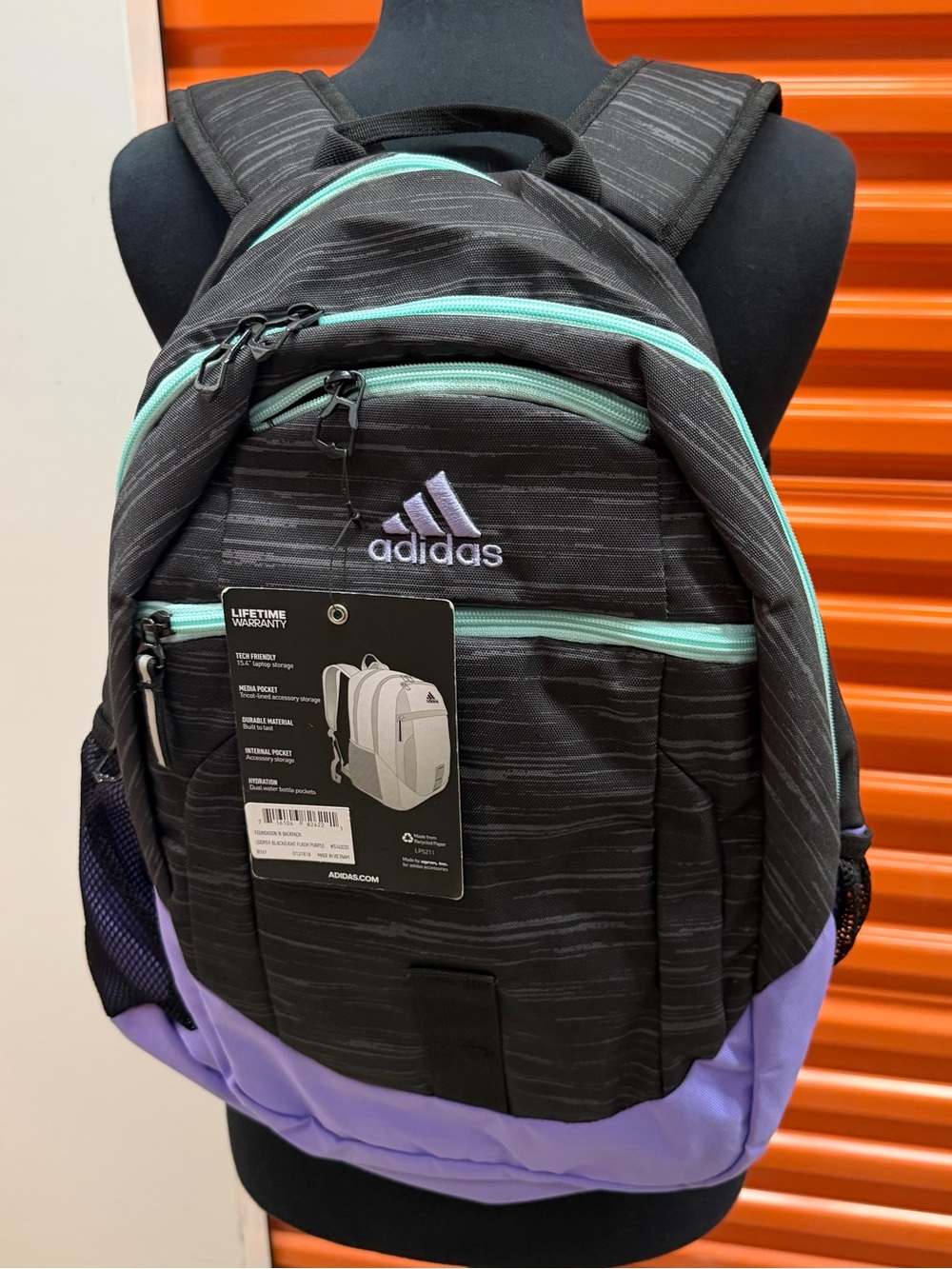 NWT Adidas Foundation ||| Black Backpack with Lavender Base and Mint Zippers